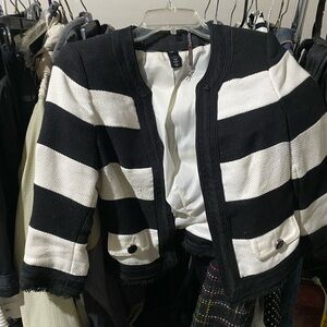 White House Black Market Black and White Striped Cropped Blazer